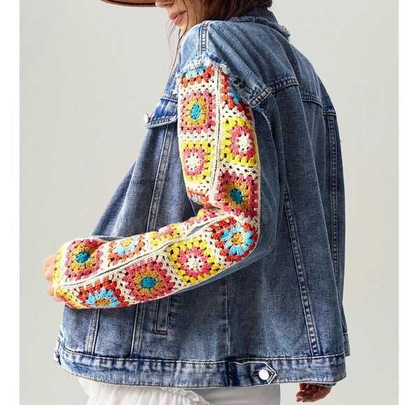 Boho Medium Wash Floral Crochet Sleeve Oversized Jean Jacket - Picture 5 of 7